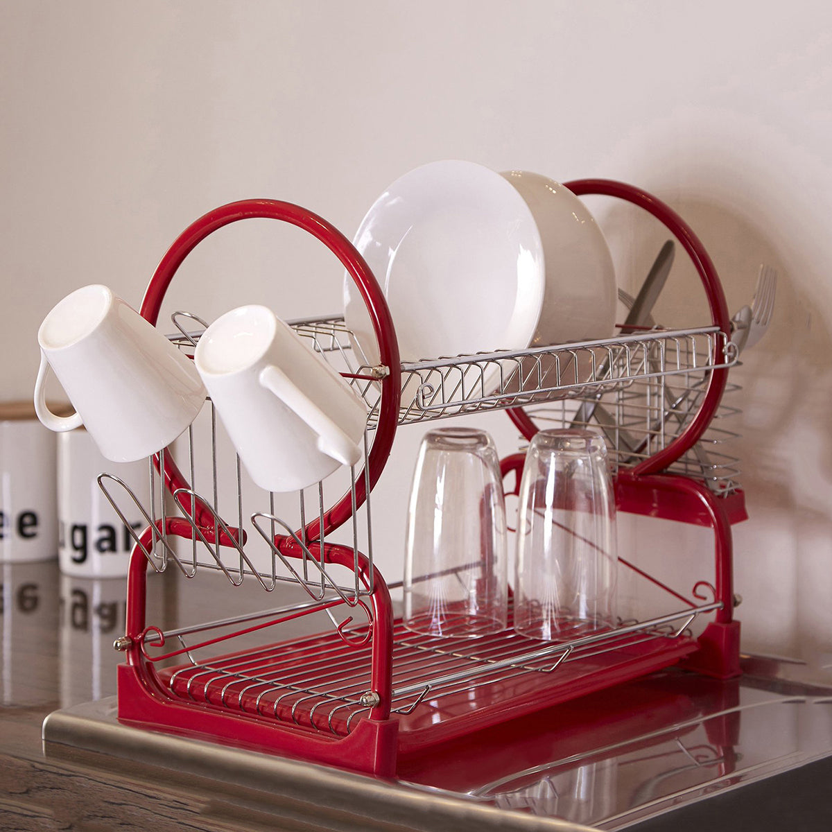 Escurridor Dubái Rojo 2 Niveles 55 cm con Escurrevasos