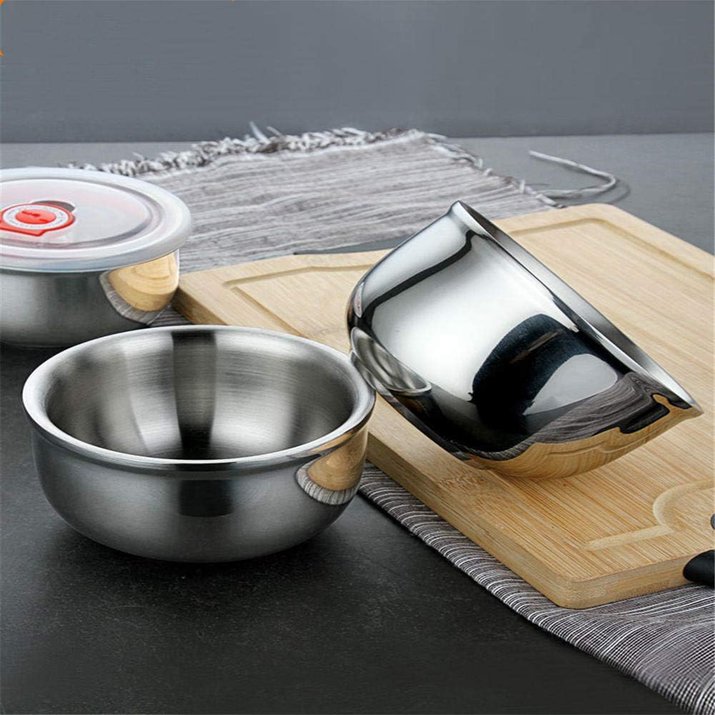 Juego de 3 Tazones de Acero Inox. con Tapa 1L, 1.25L y 1.65L
