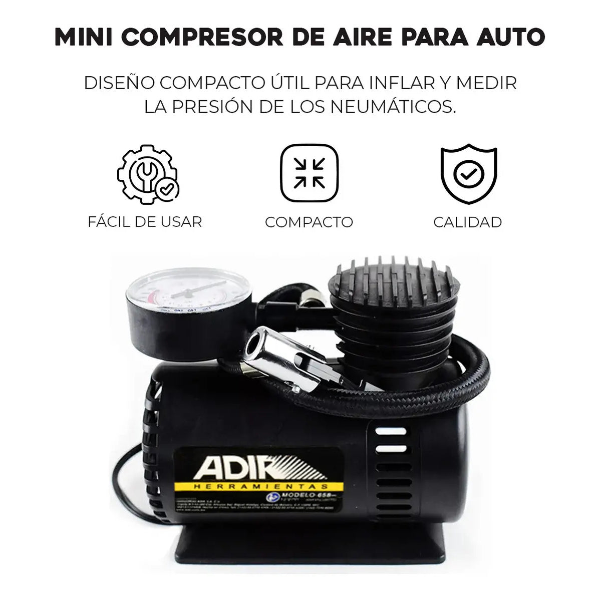 Compresor ADIR 658 con Manómetro 12V Negro 300 PSI