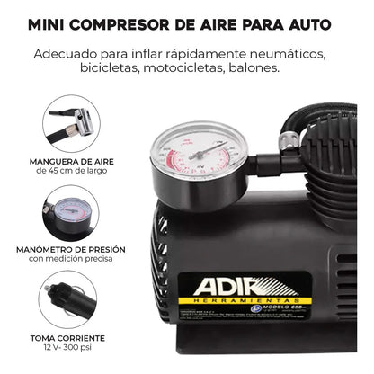 Compresor ADIR 658 con Manómetro 12V Negro 300 PSI