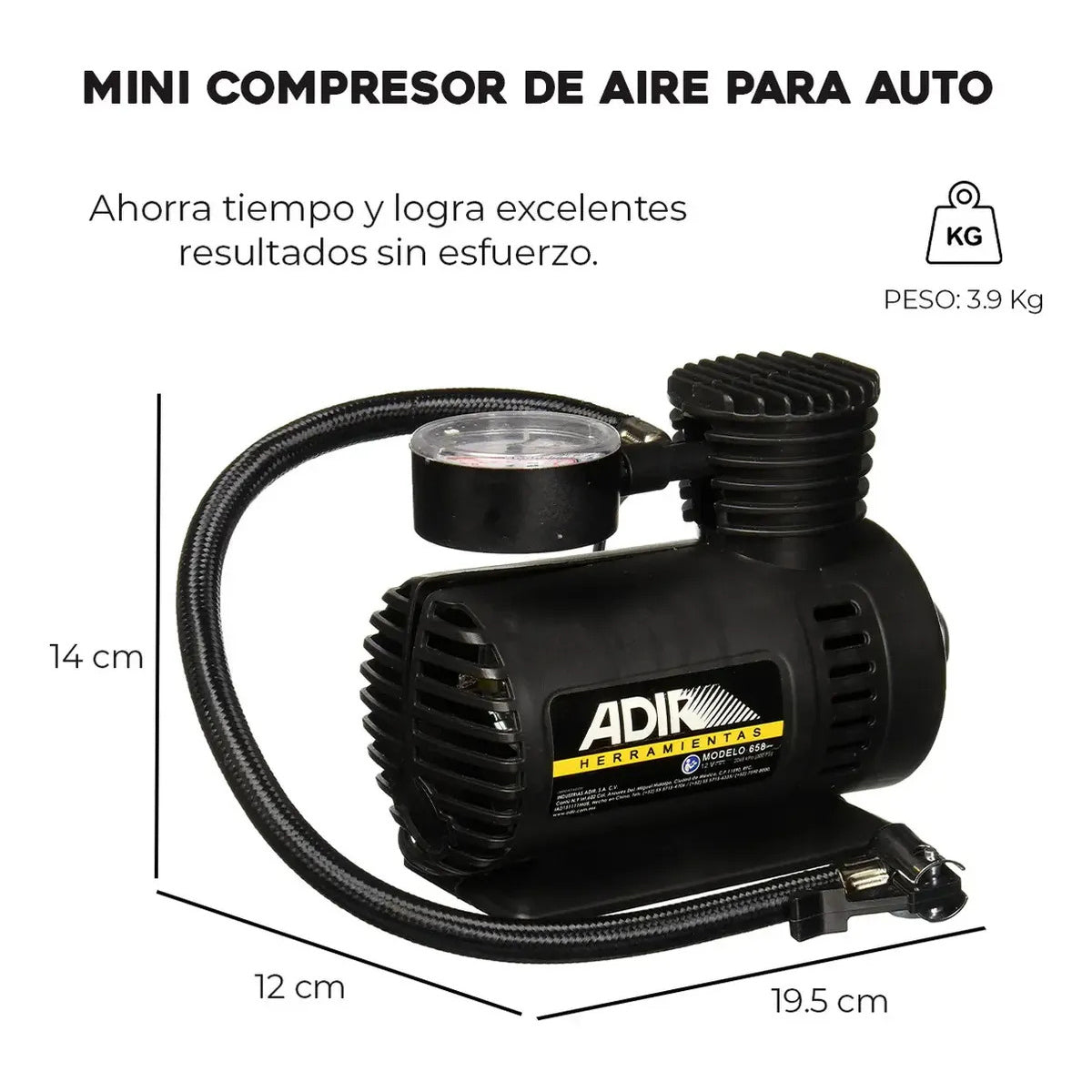 Compresor ADIR 658 con Manómetro 12V Negro 300 PSI