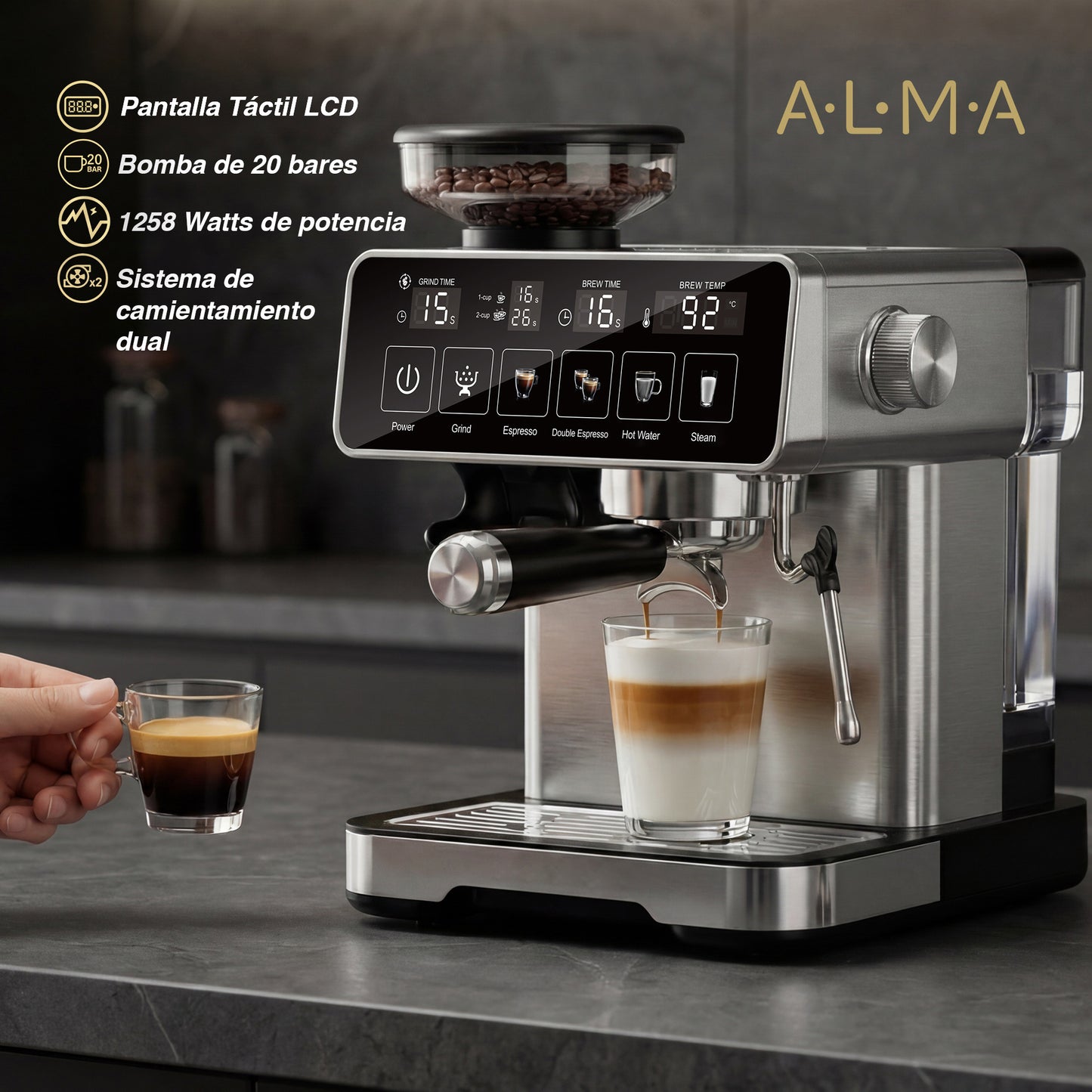 Cafetera Profesional 20Bares ALMA con Molino de Café BRIATTO