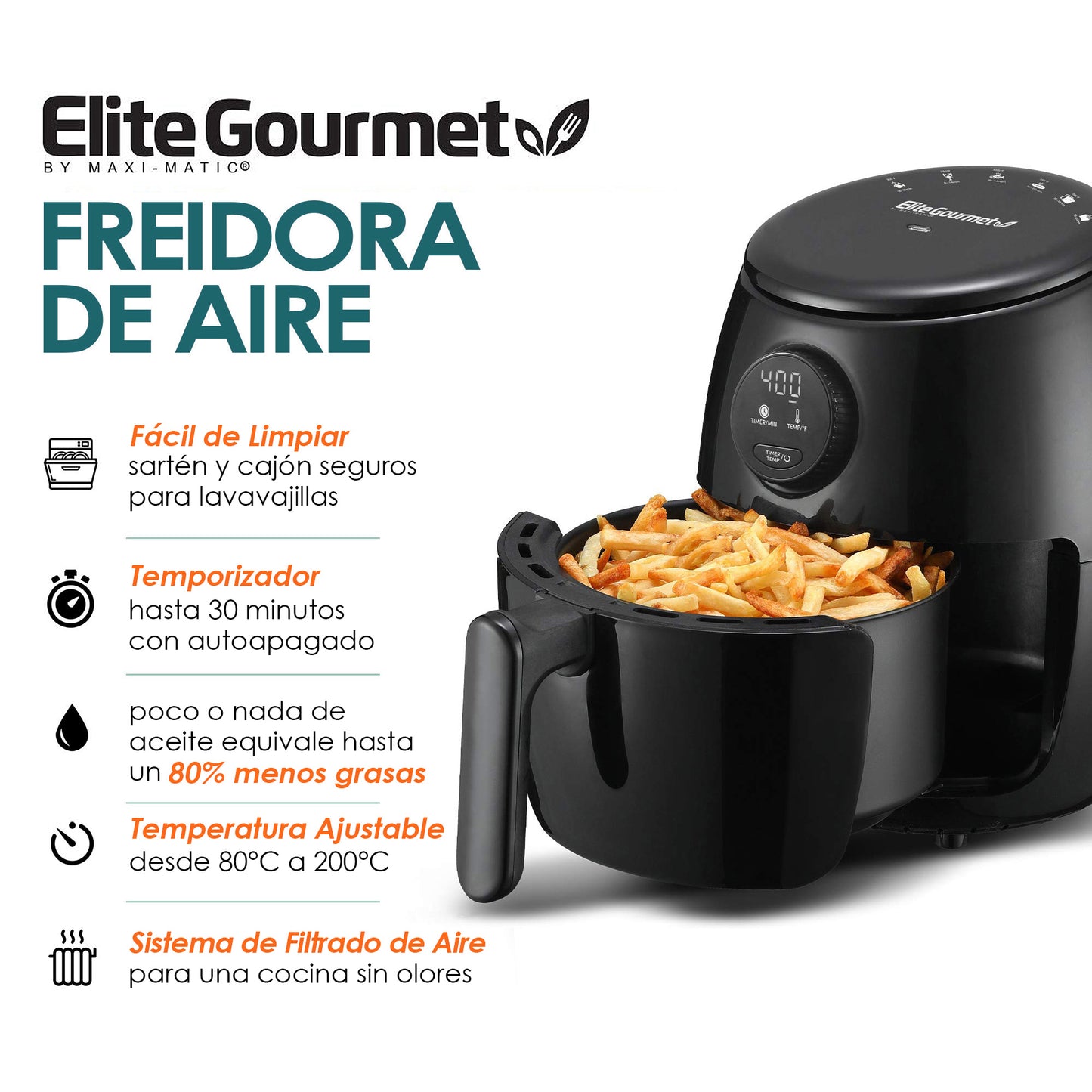 Freidora de Aire Caliente Elite 2QT Black Digital