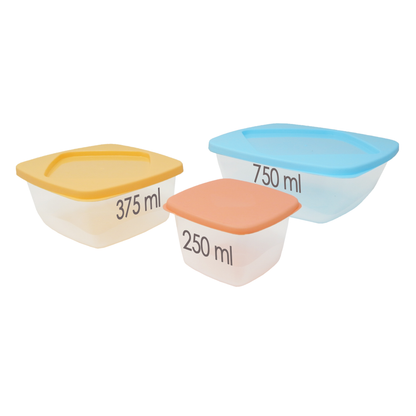 Juegos 3 Contenedores 250, 375 y 750 ml Cuadrados Con Tapa