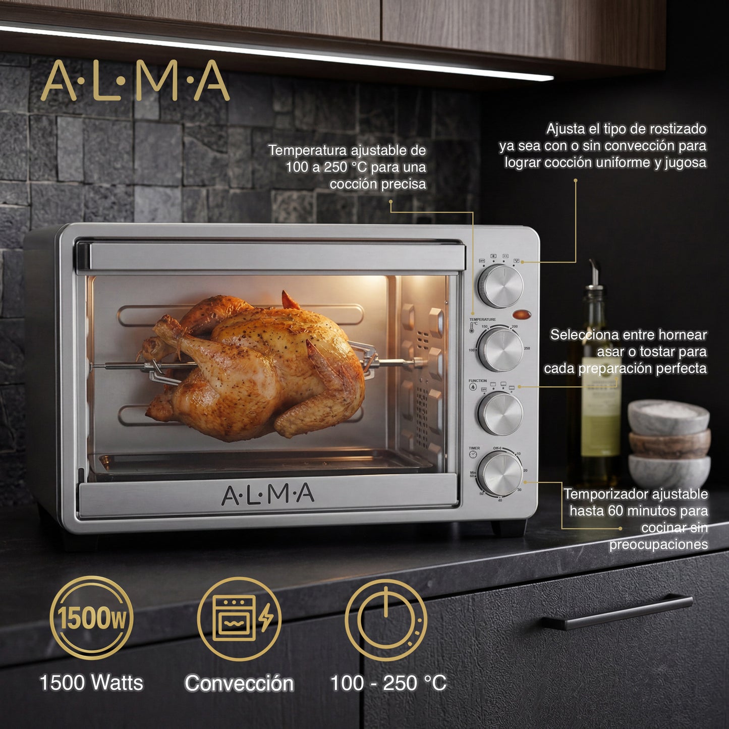 Horno Rostizador de Convección ALMA 33L Doble Rejilla 1500W