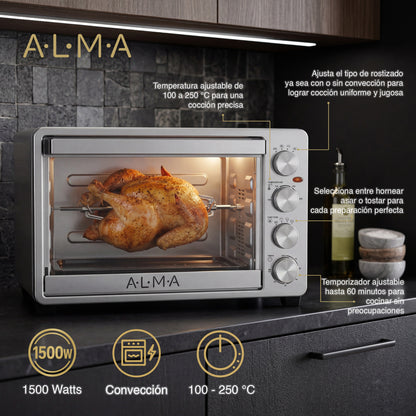 Horno Rostizador de Convección ALMA 33L Doble Rejilla 1500W