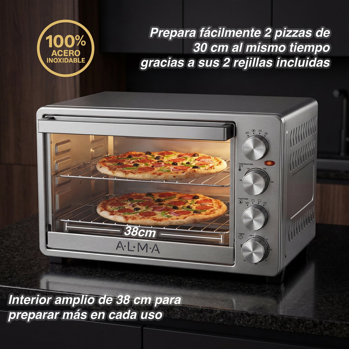 Horno Rostizador de Convección ALMA 33L Doble Rejilla 1500W
