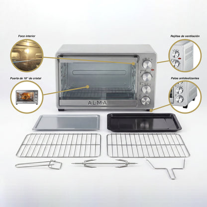 Horno Rostizador de Convección ALMA 33L Doble Rejilla 1500W