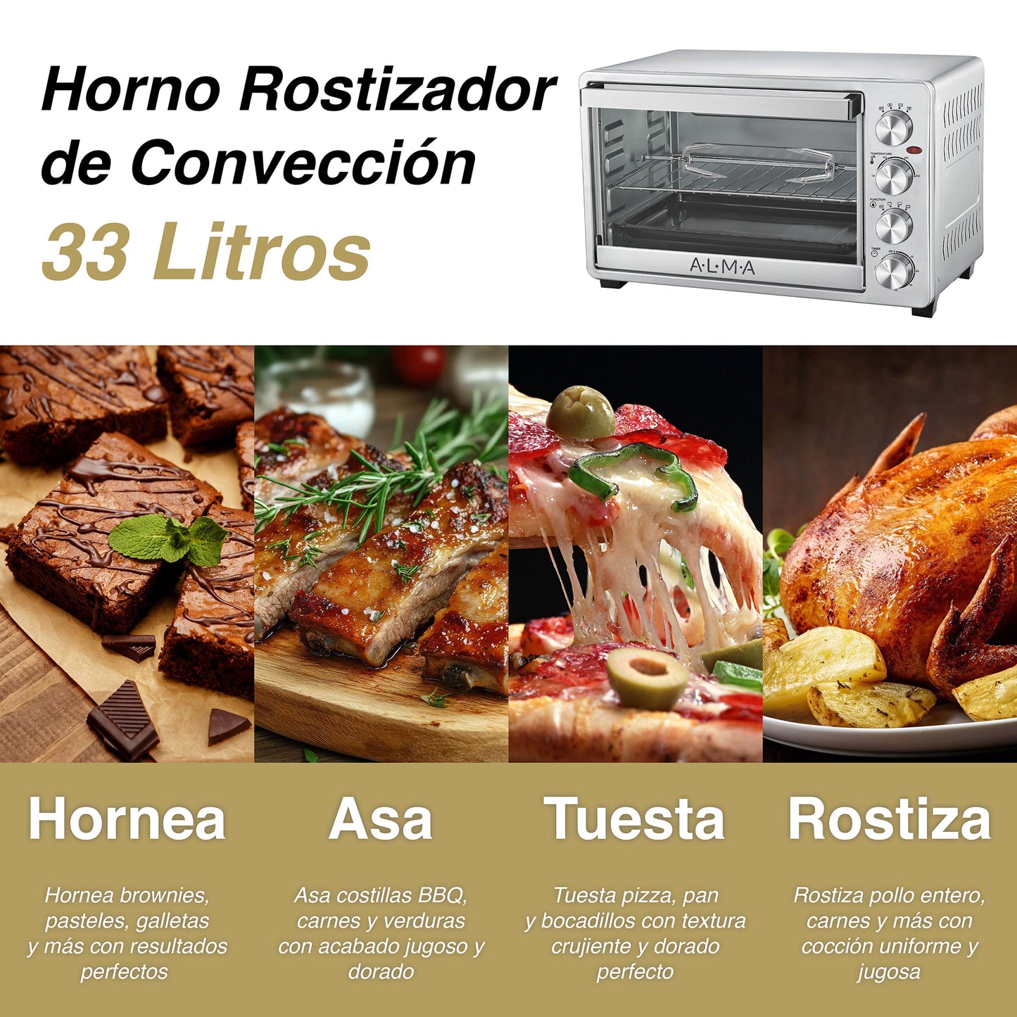 Horno Rostizador de Convección ALMA 33L Doble Rejilla 1500W