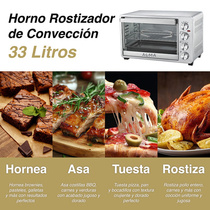 Horno Rostizador de Convección ALMA 33L Doble Rejilla 1500W