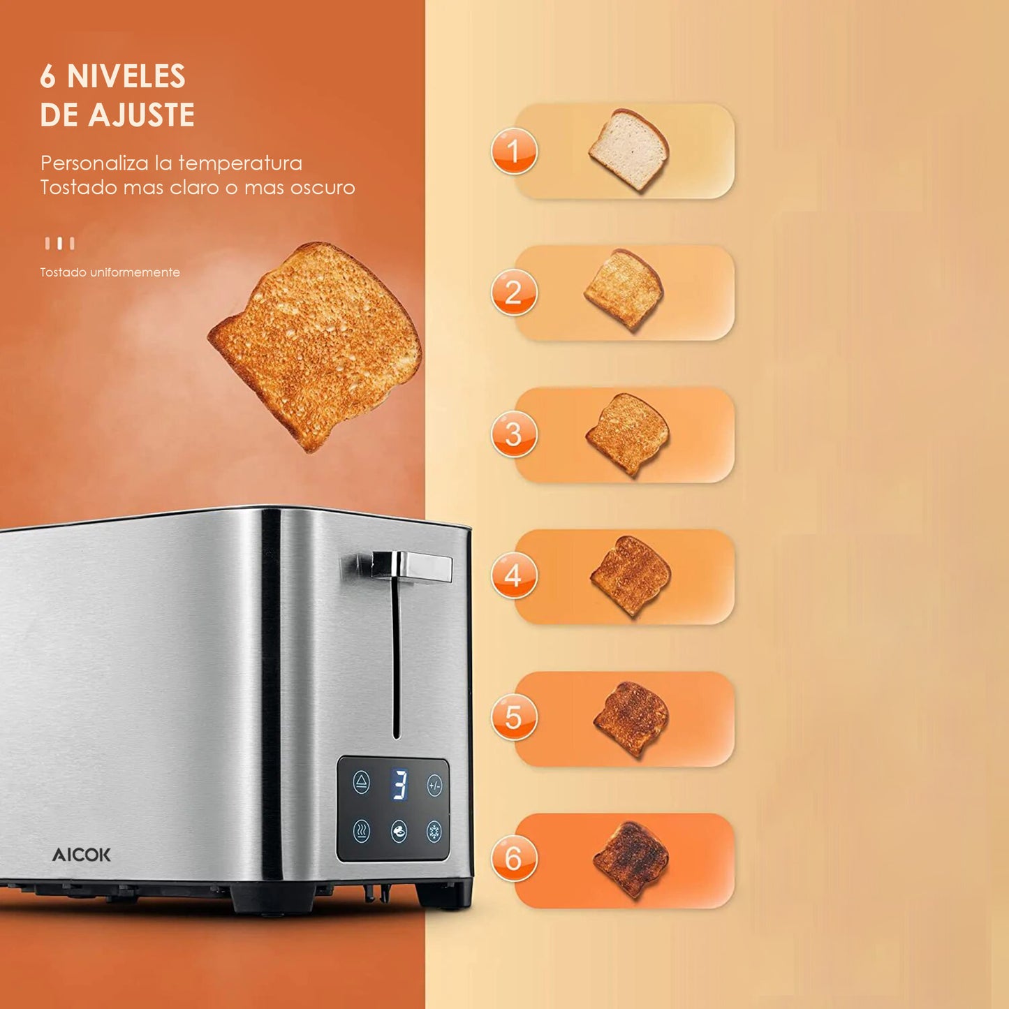Tostador 2 rebanadas Aicok Acero Inox Touch 6 Niveles