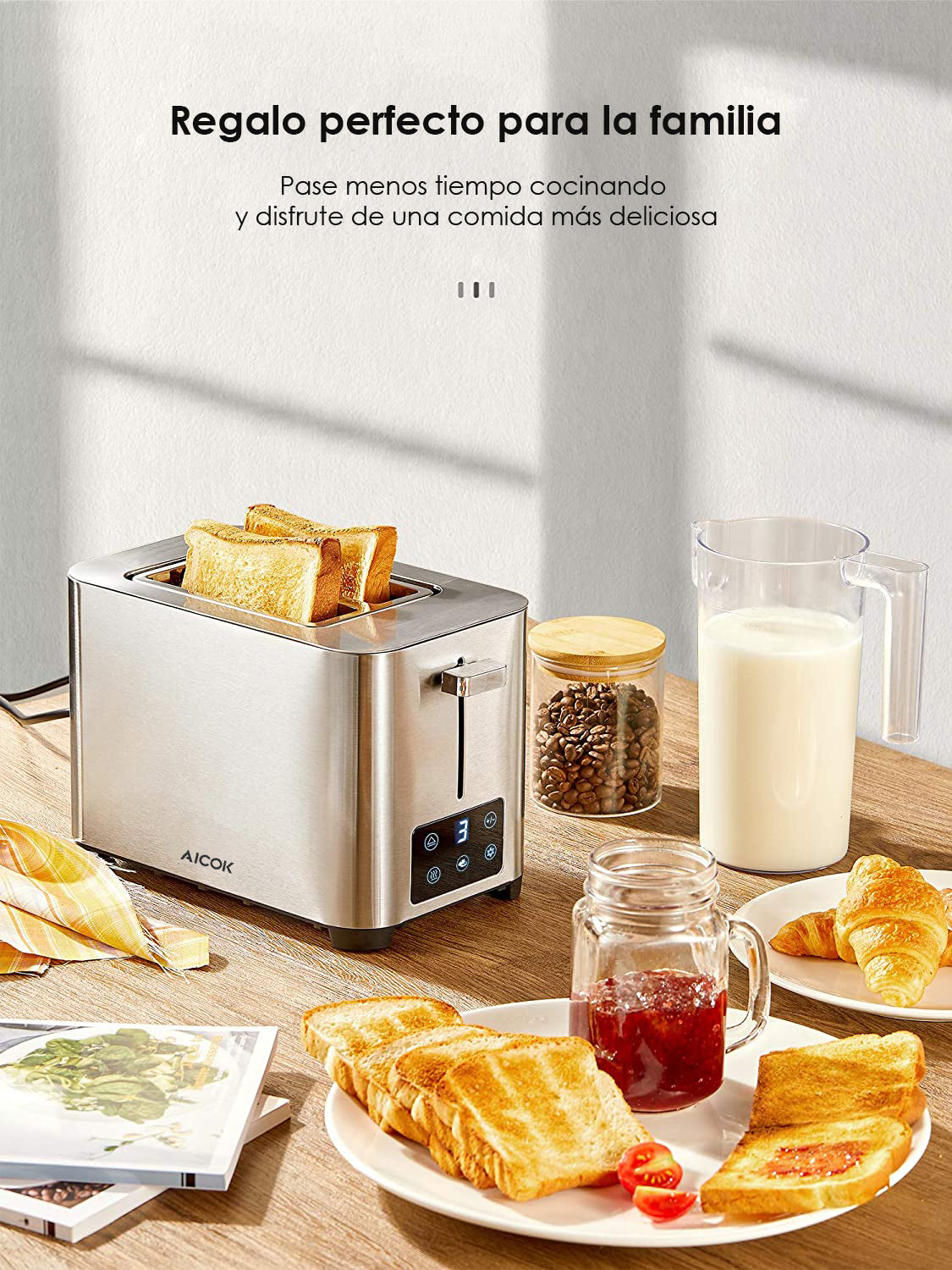 Tostador 2 rebanadas Aicok Acero Inox Touch 6 Niveles