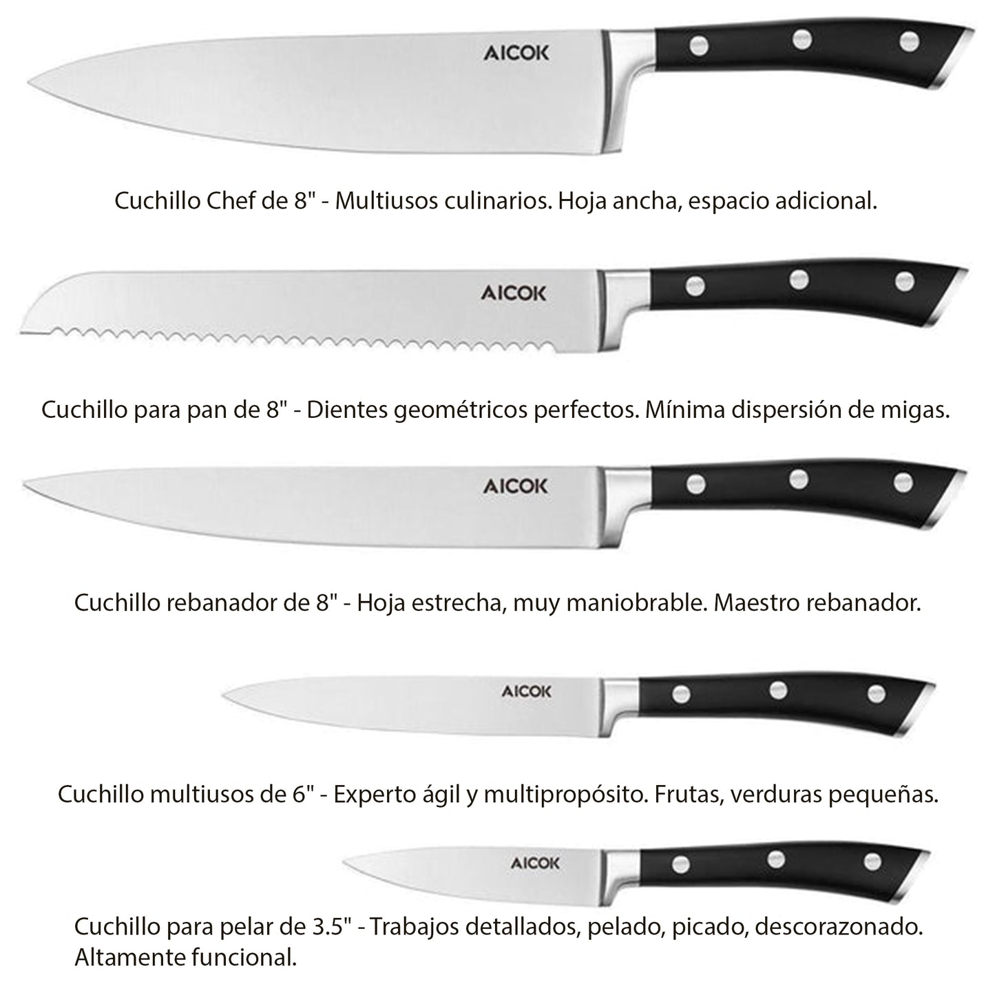 Juego de cuchillos Aicok 6 Pzas de Acero Inox con Bloque