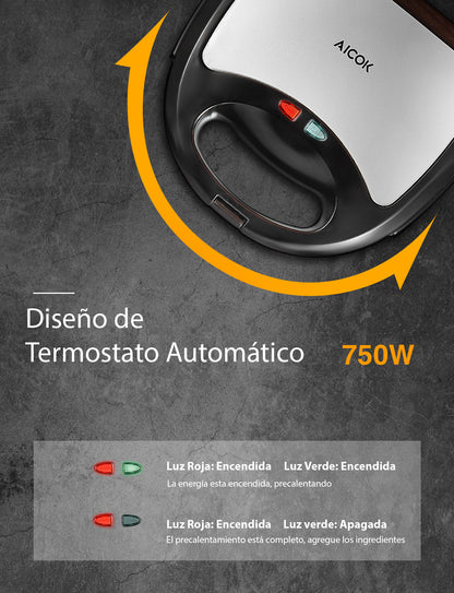 Sandwichera Aicok 3 en 1 con Placas Intercambiables