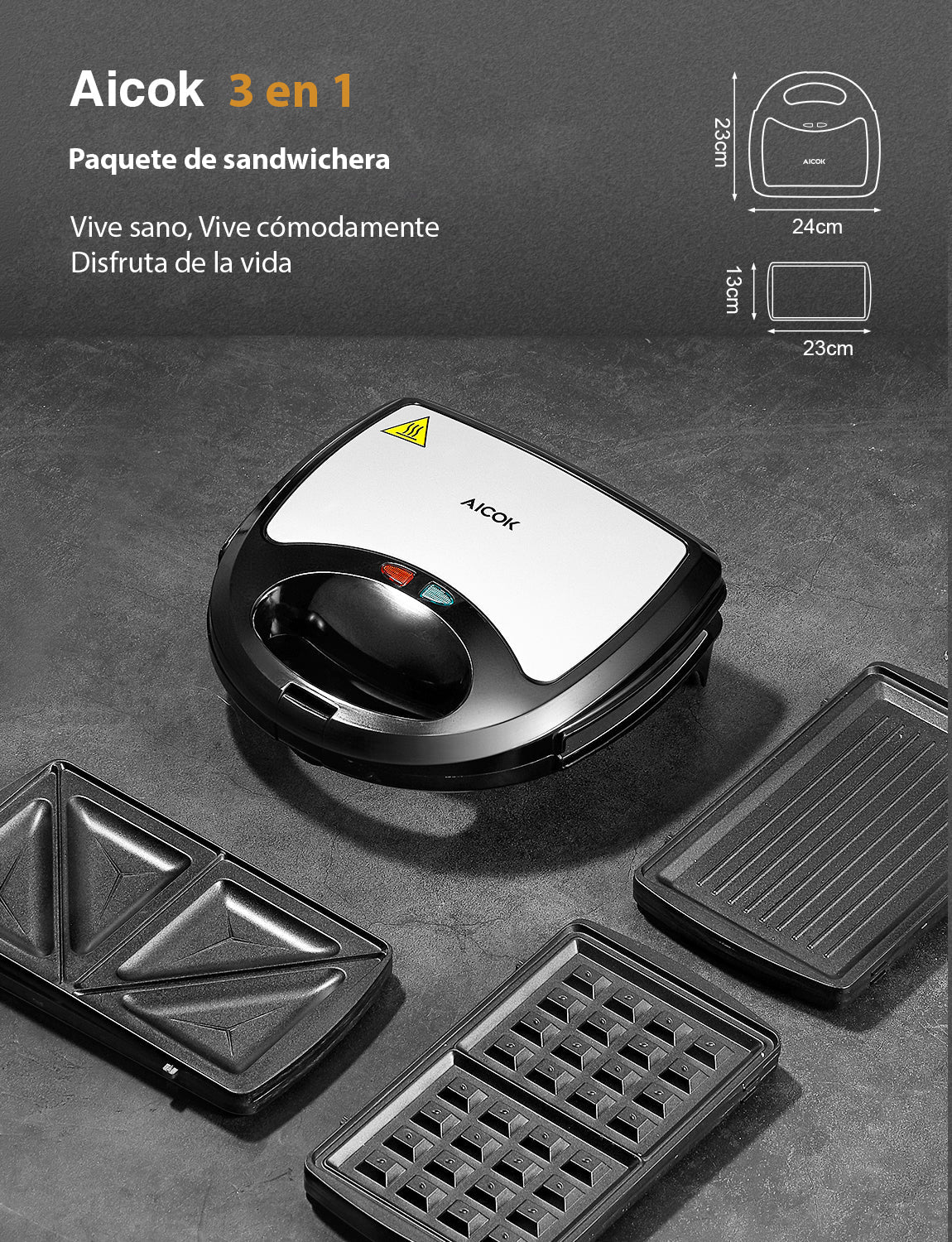 Sandwichera Aicok 3 en 1 con Placas Intercambiables