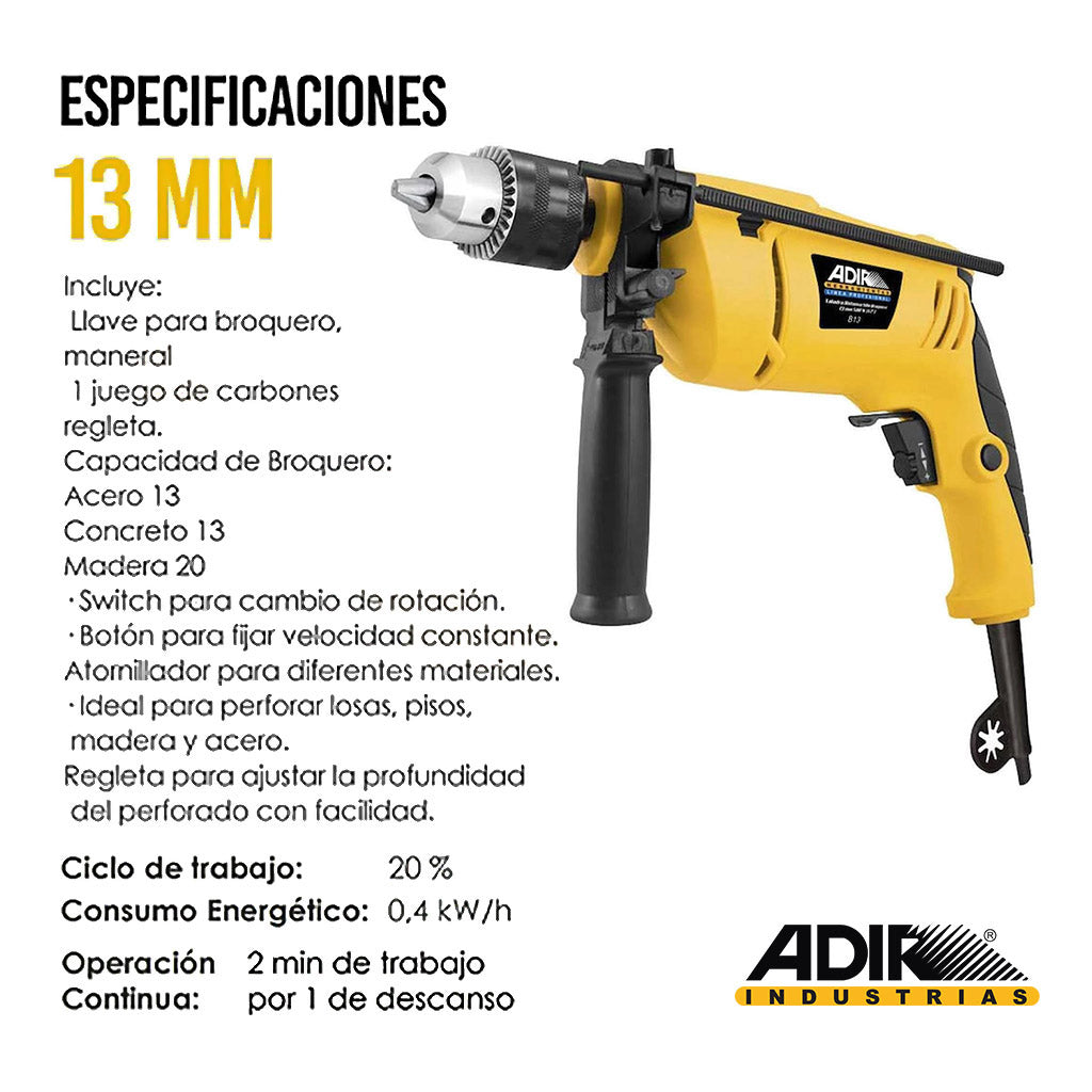 Rotomartillo Taladro Broquero 13mm 1/2″ 500 W ADIR 813