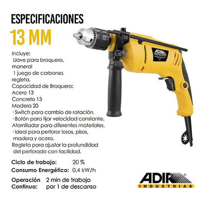 Rotomartillo Taladro Broquero 13mm 1/2″ 500 W ADIR 813